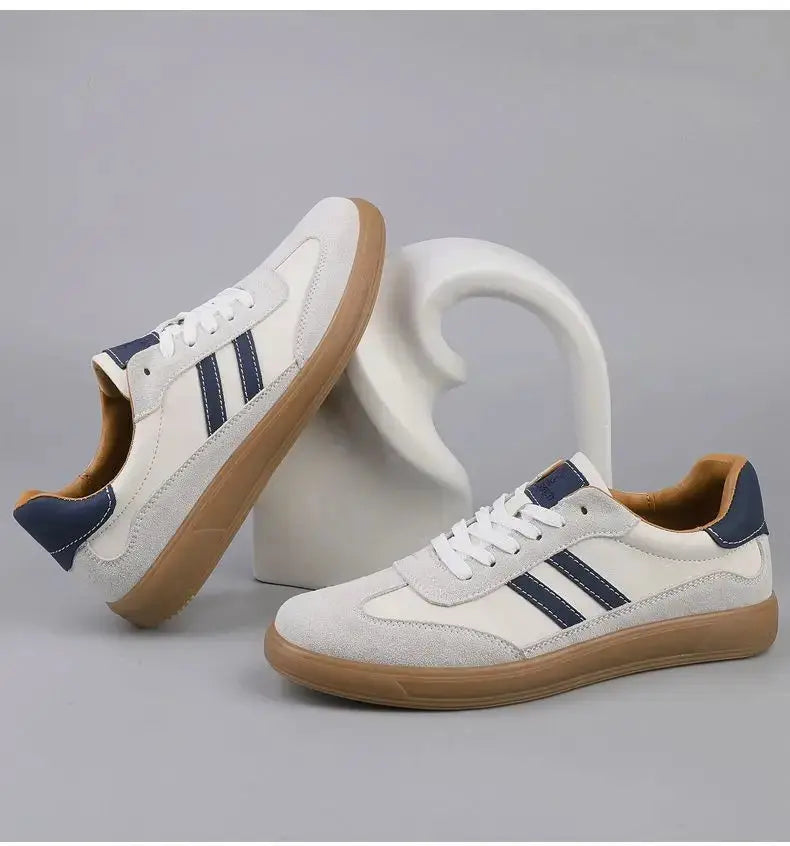 Two Simples Market men's leather sneakers, white with navy stripes and gum sole