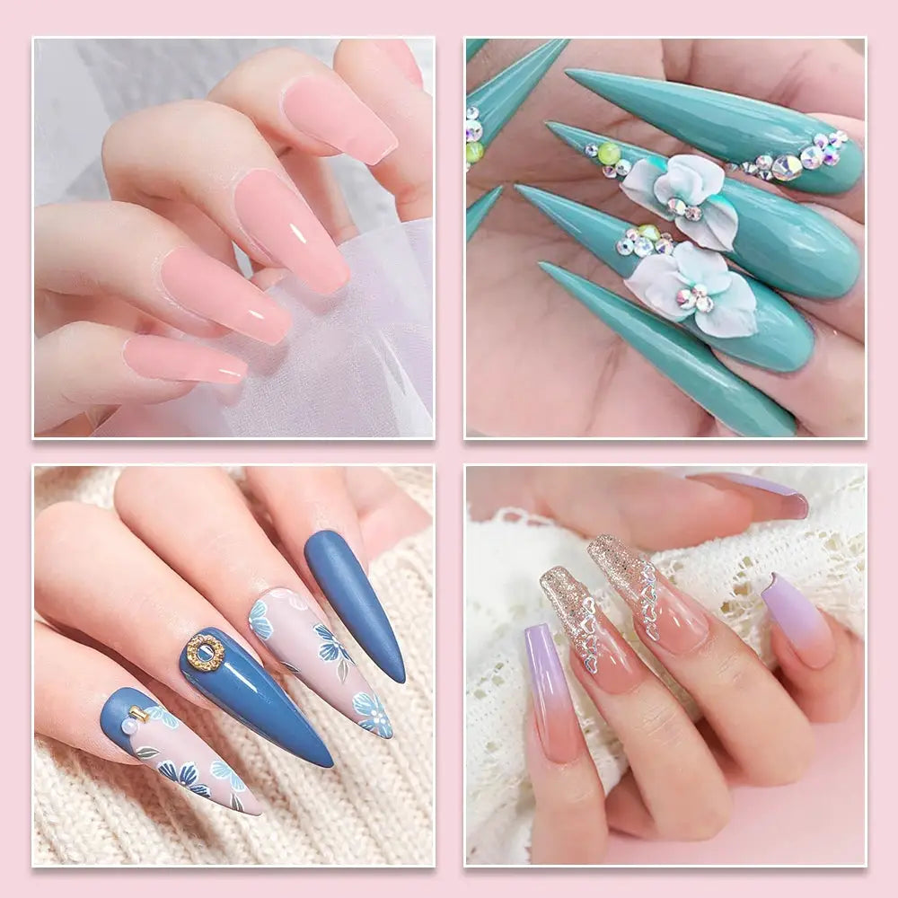 Nail art manicure set: pink coffin nails, teal rhinestone floral stilettos, blue floral long nails, lilac glitter nails