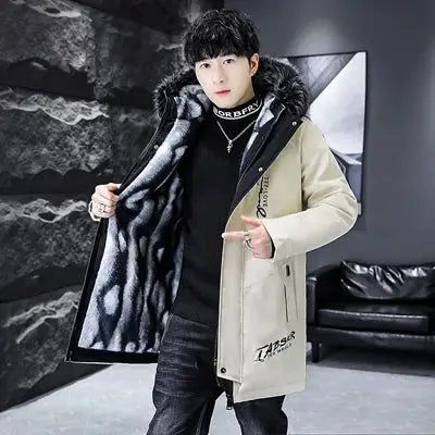 Winter men's long down jacket by Simples Market in beige with fur collar and padded lining