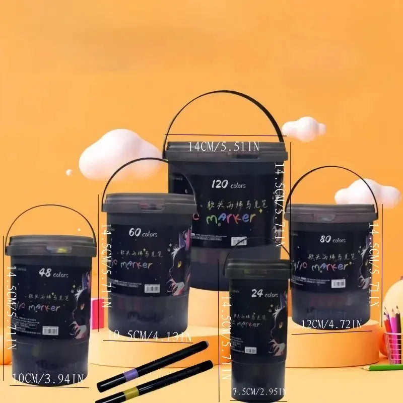 Simples Market bucket-cap acrylic markers in five color-count buckets for students, strong coverage