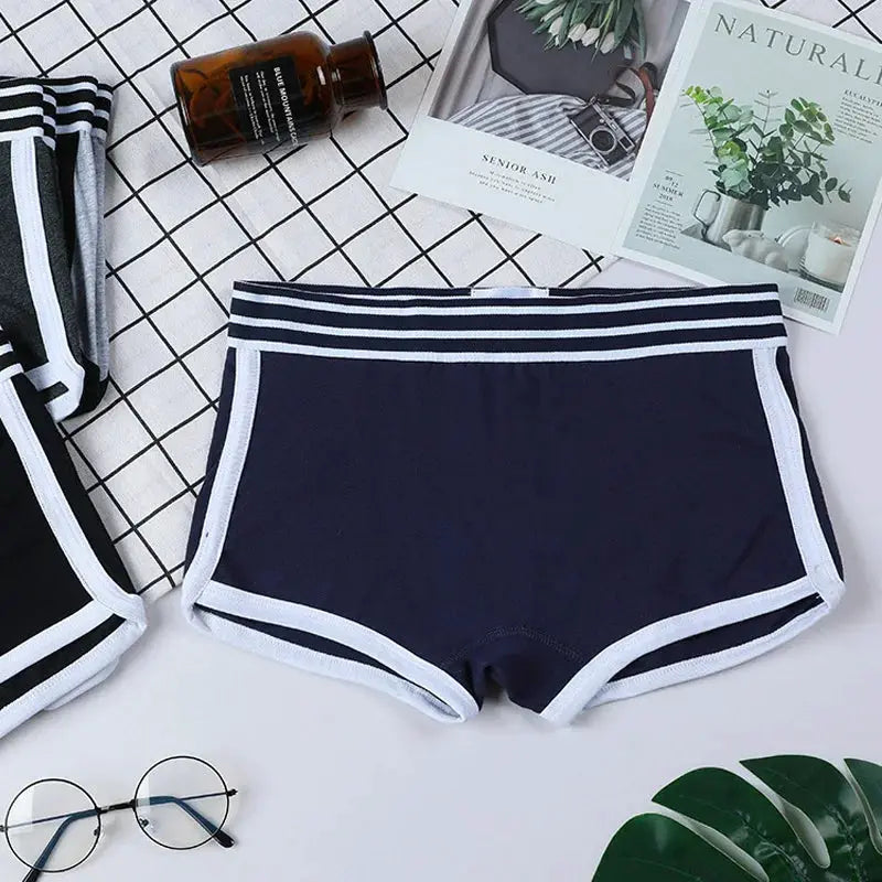 Women's navy blue boxer shorts with white trim and striped waistband, set of 2