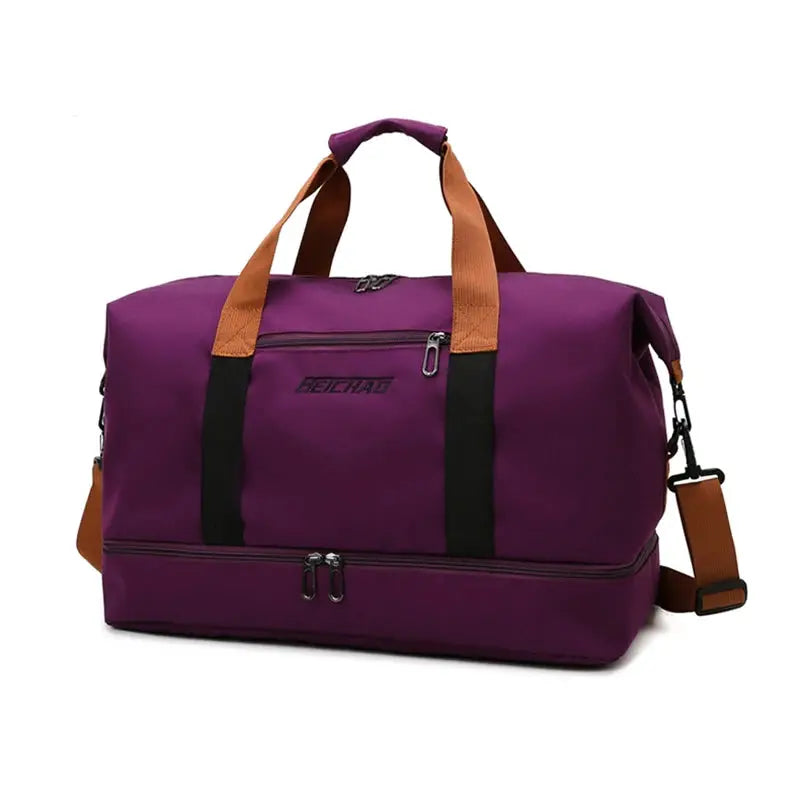 Expandable travel duffle bag in purple with tan handles, detachable shoulder strap, Beichal brand, large capacity