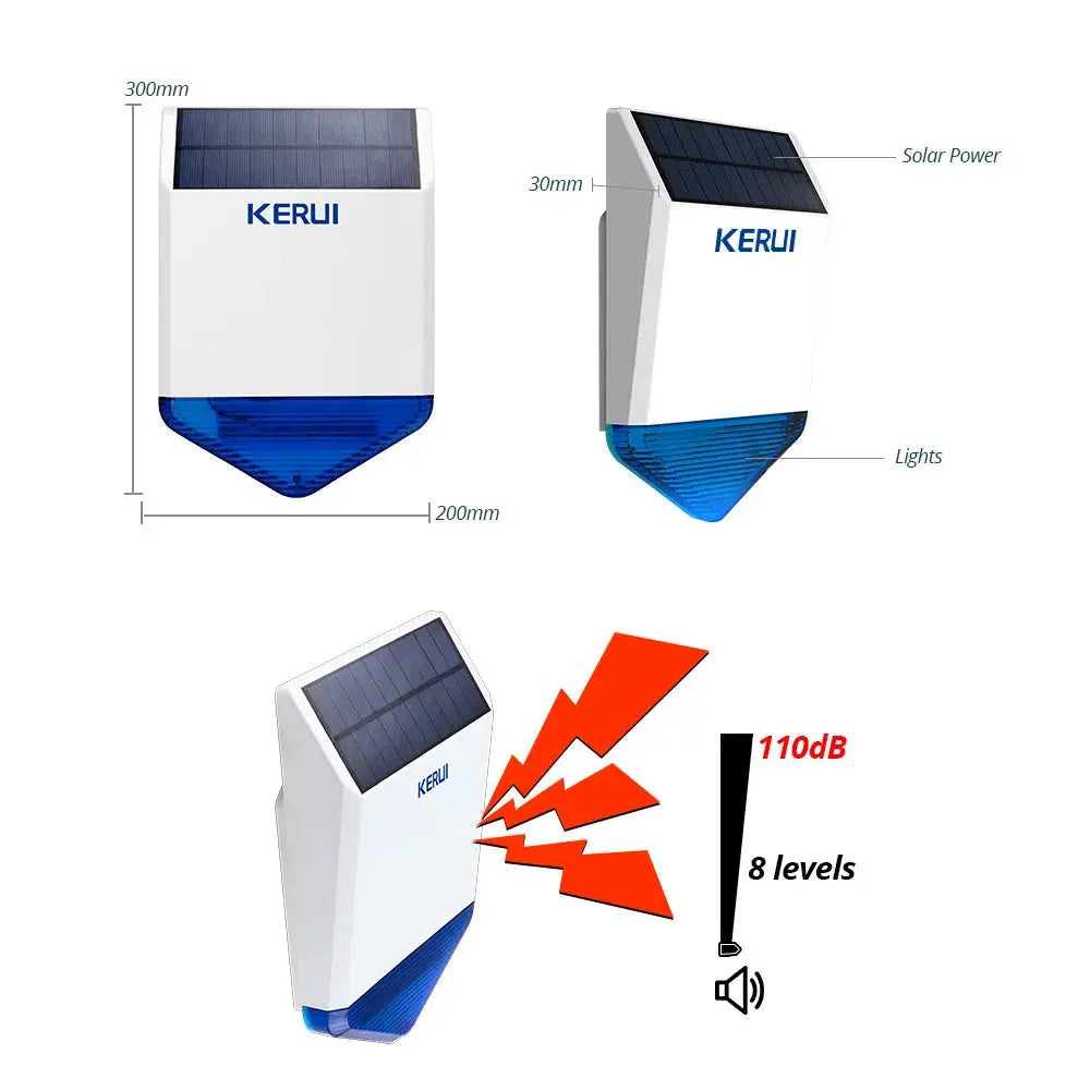 KERUI solar siren panel for outdoor alarm system, white body with blue light and blue solar panel, 110dB