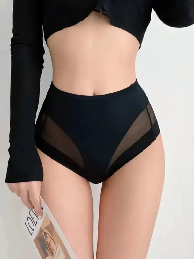 Black high-waist slimming panties with sheer mesh side panels