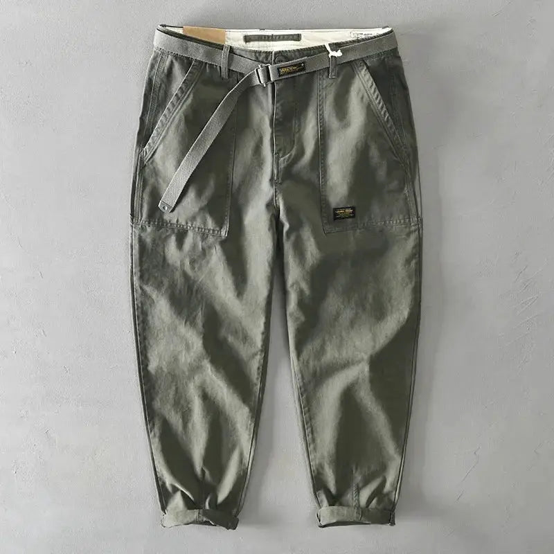 Men cargo pants olive cotton with belt by Simples Market; mid-waist, cargo pockets