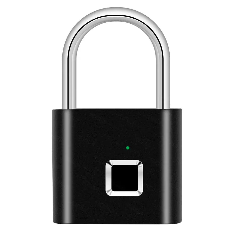 KERUI fingerprint padlock, black zinc body with silver U-shaped shackle, center square fingerprint sensor and green LED.