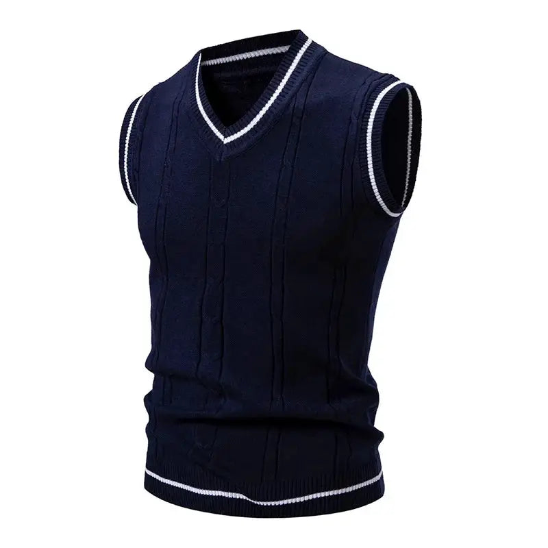 Men's navy knit sleeveless V-neck vest with white trim at neckline and hem, slim fit