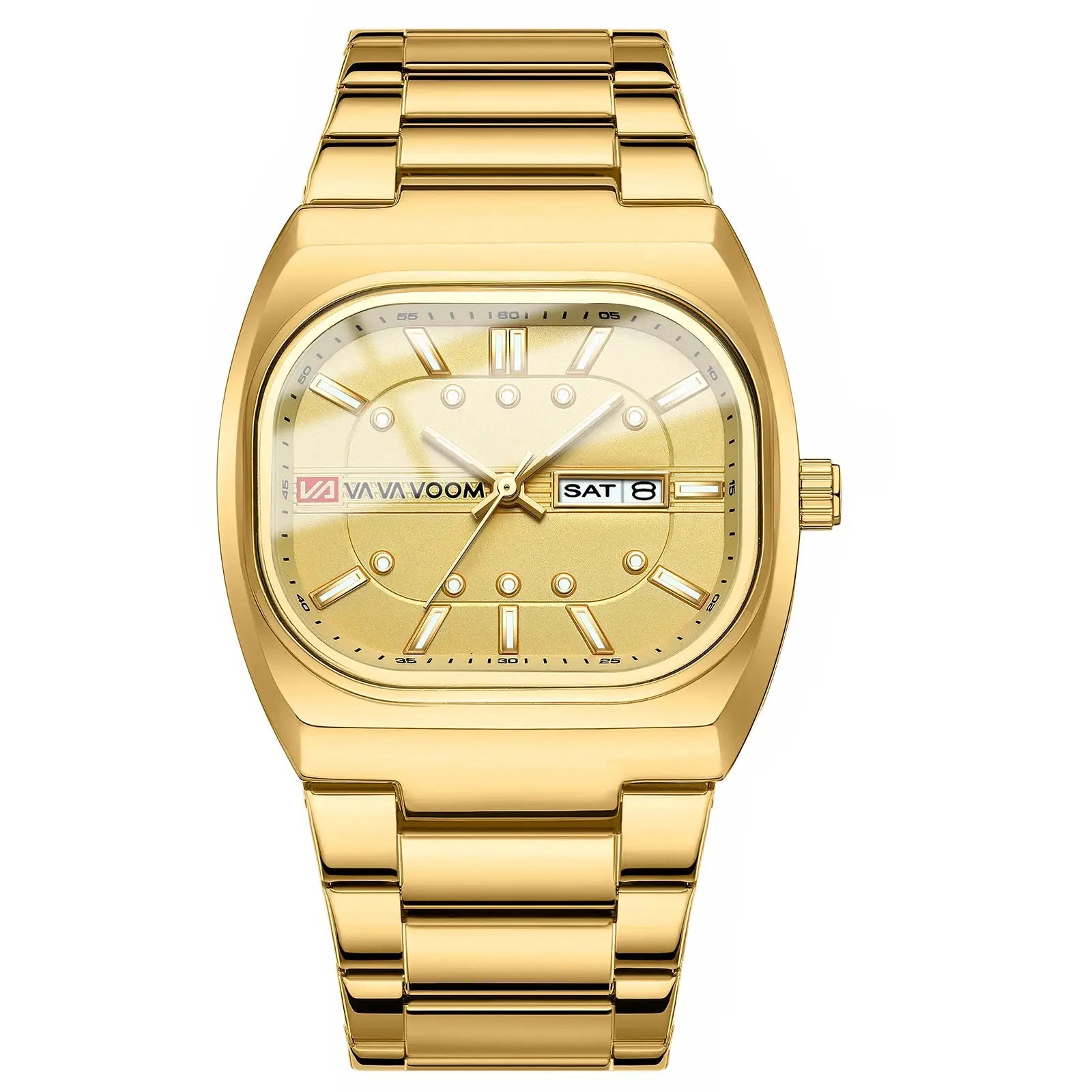 Men's gold-tone stainless steel square watch with quartz movement, bracelet band and day-date display