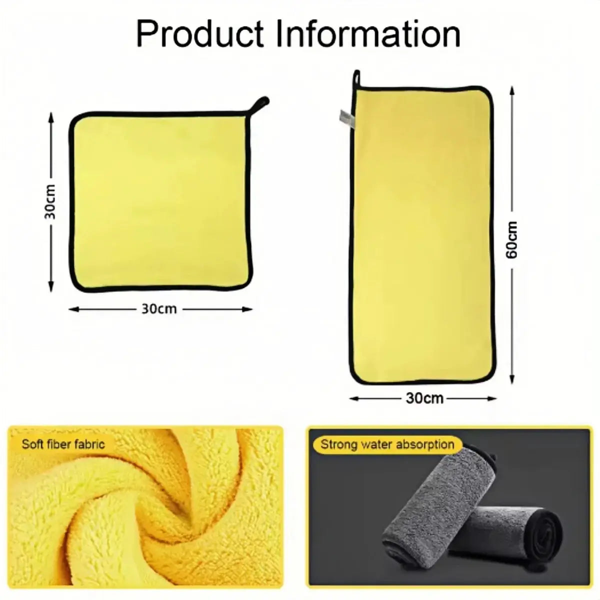 Yellow microfiber car towels, 30x30 cm and 30x60 cm, soft coral fleece, strong water absorption (2 pieces)