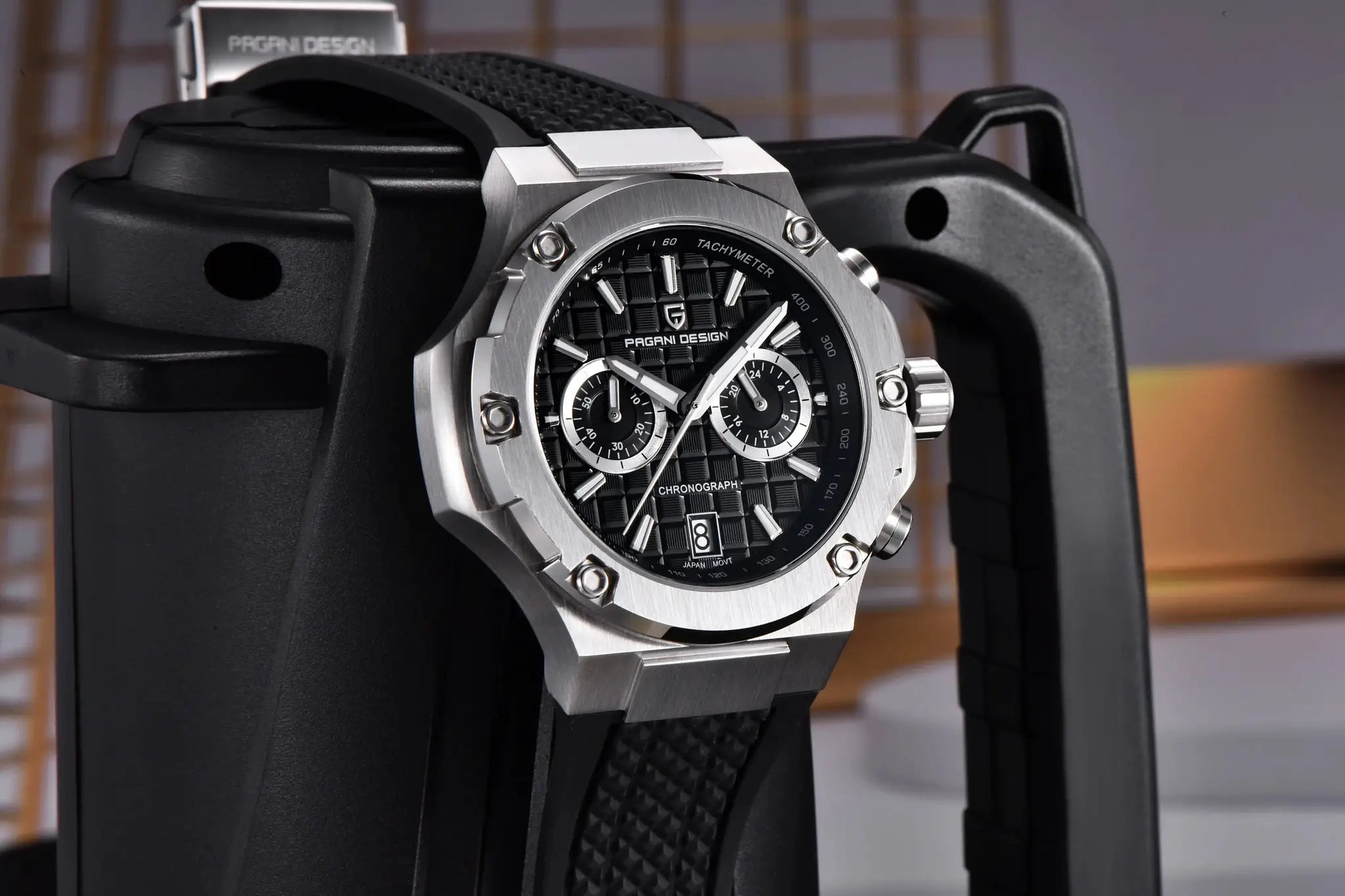 PAGANI DESIGN men's chronograph watch with silver stainless steel case, black dial, and black fluororubber strap
