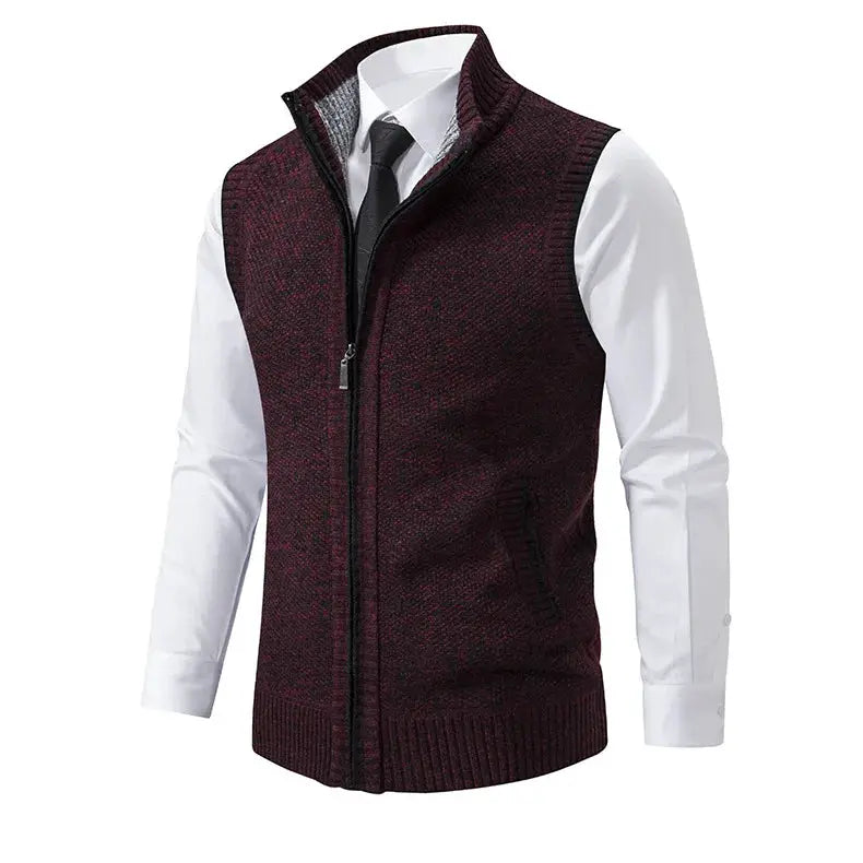 Men's knitted sleeveless zip cardigan vest in burgundy with stand collar