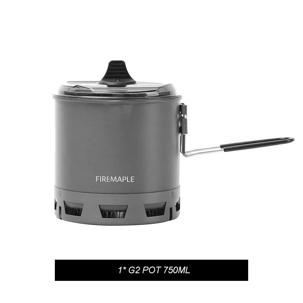 FireMaple G2 Petrel ultralight 750ml camping pot with heat-exchanger base, gray aluminum, fold-out handle.