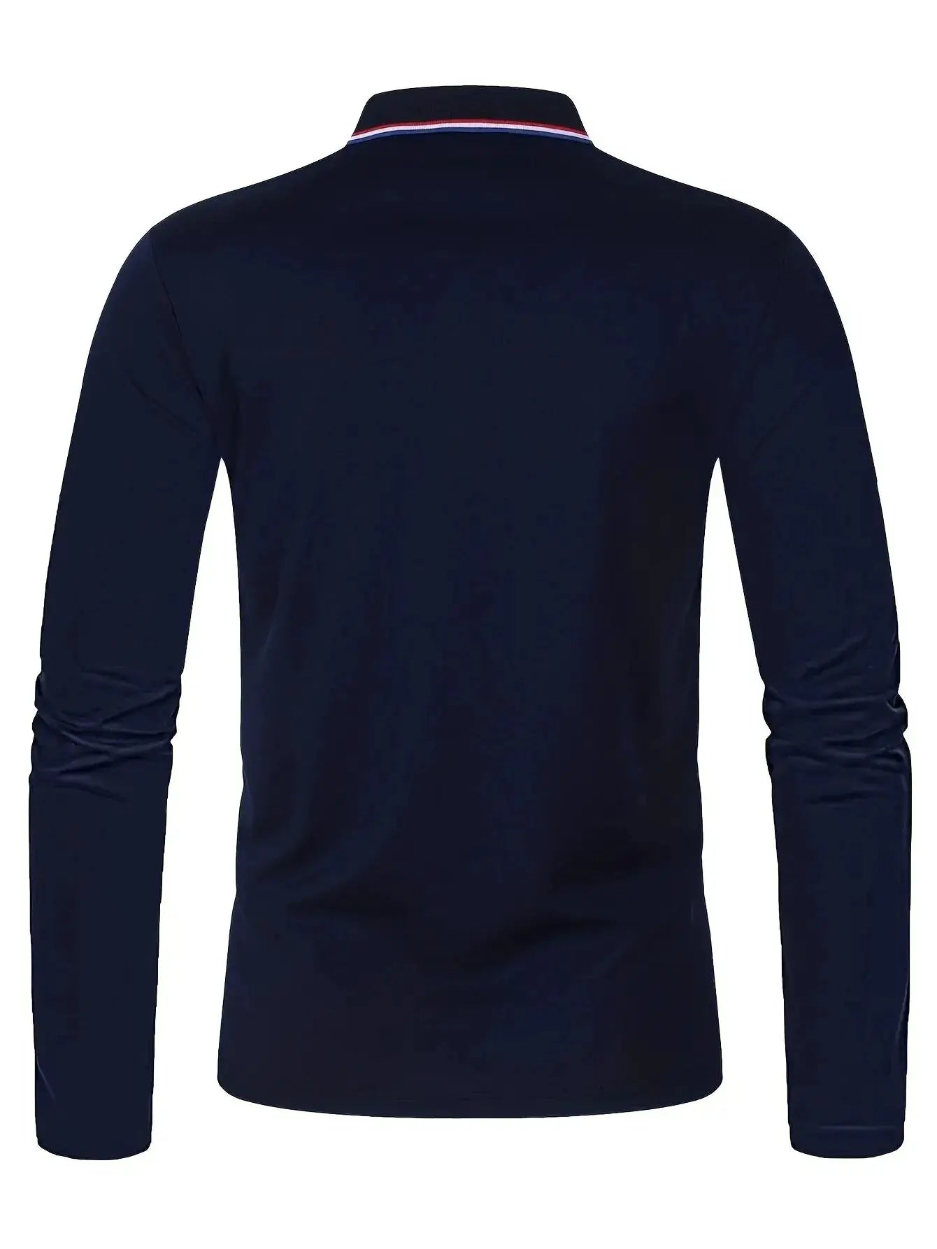 Men's navy long-sleeve polo shirt with red, white and blue striped collar by Simples Market