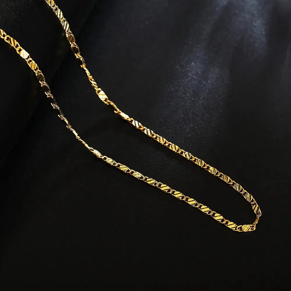 18K gold-color flat 2mm chain necklace, 40–75cm, shown as two pieces on black background.