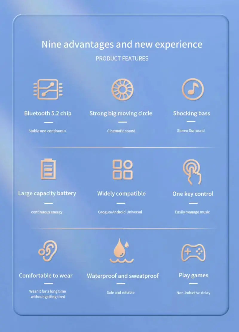 Simples Market Bluetooth 5.2 wireless ear-hook headphones feature infographic on blue background.