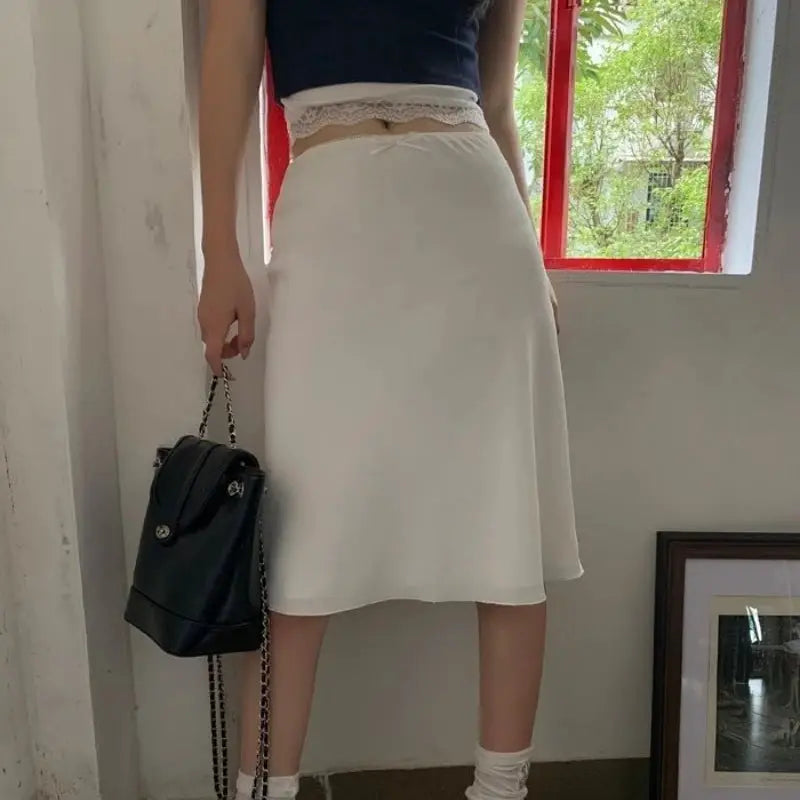 Deeptown white satin midi skirt, A-line casual summer wear for women