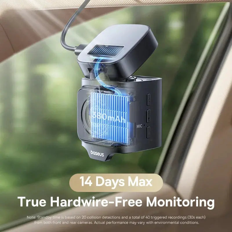 Baseus VD1 Pro dash cam mounted on car windshield; black body with blue accents