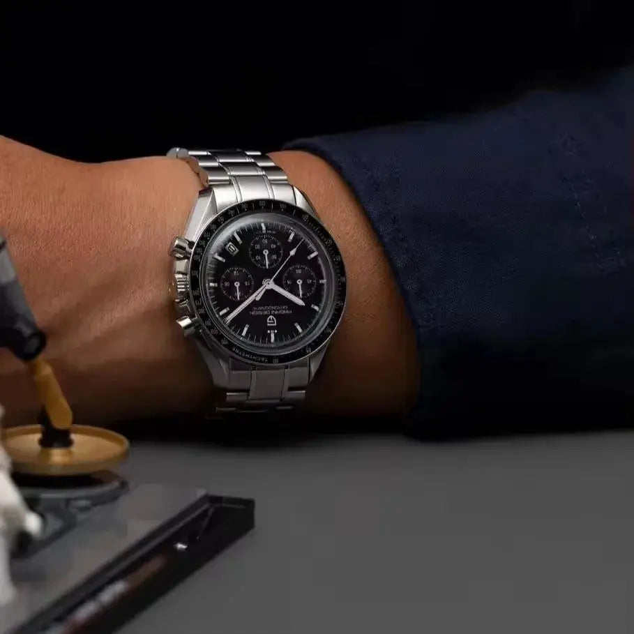 PAGANI DESIGN 500 Speedometer chronograph watch on stainless steel bracelet with black dial, Japan Movt