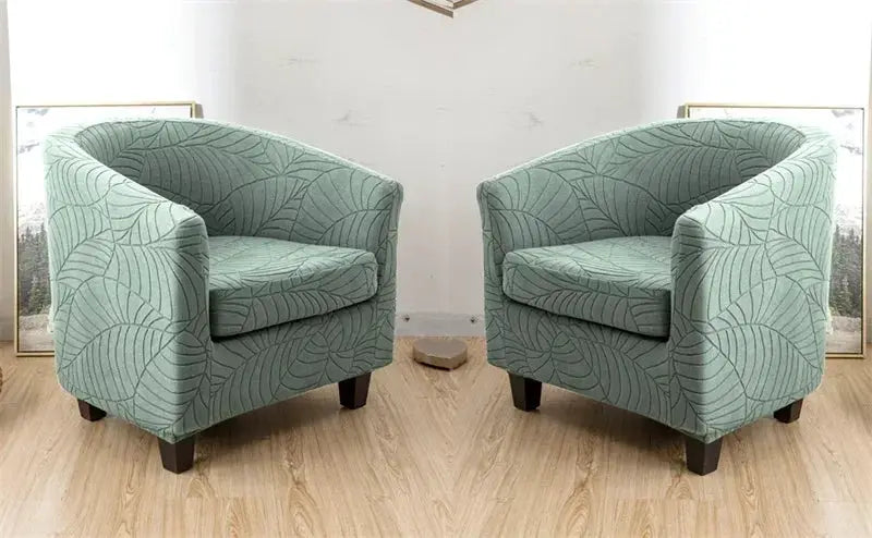 Simples Market Leaves Jacquard tub chair slipcover, teal leaf pattern, anti-dirt stretch fabric, 2 chairs