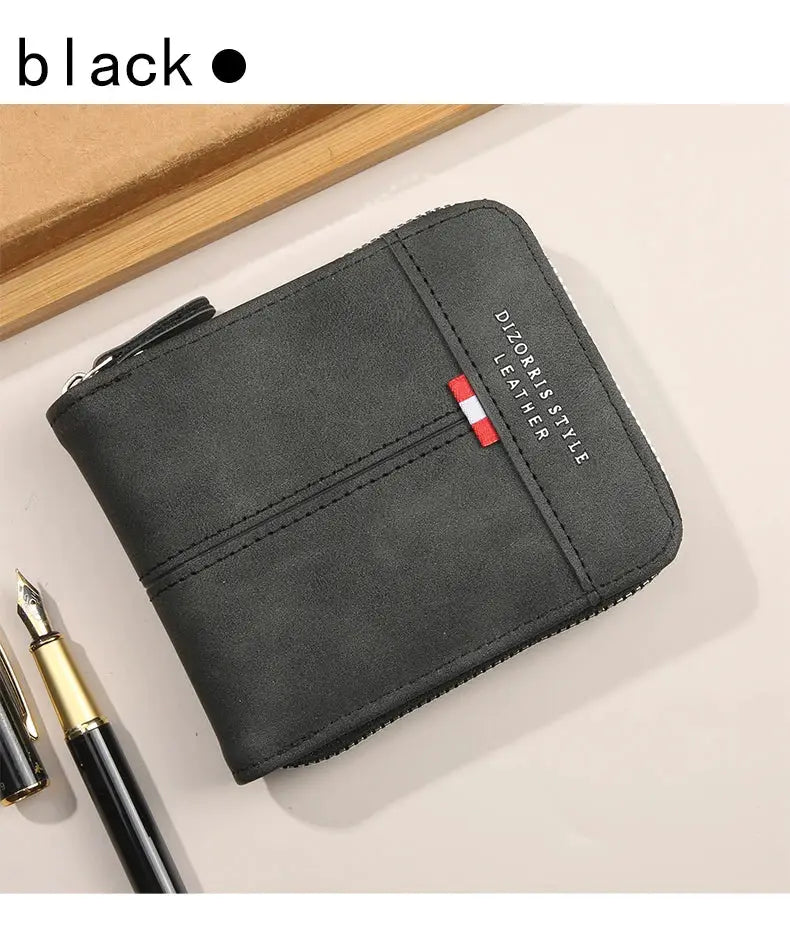 Men's black leather wallet by Simples Market with zipper, short horizontal three-fold design