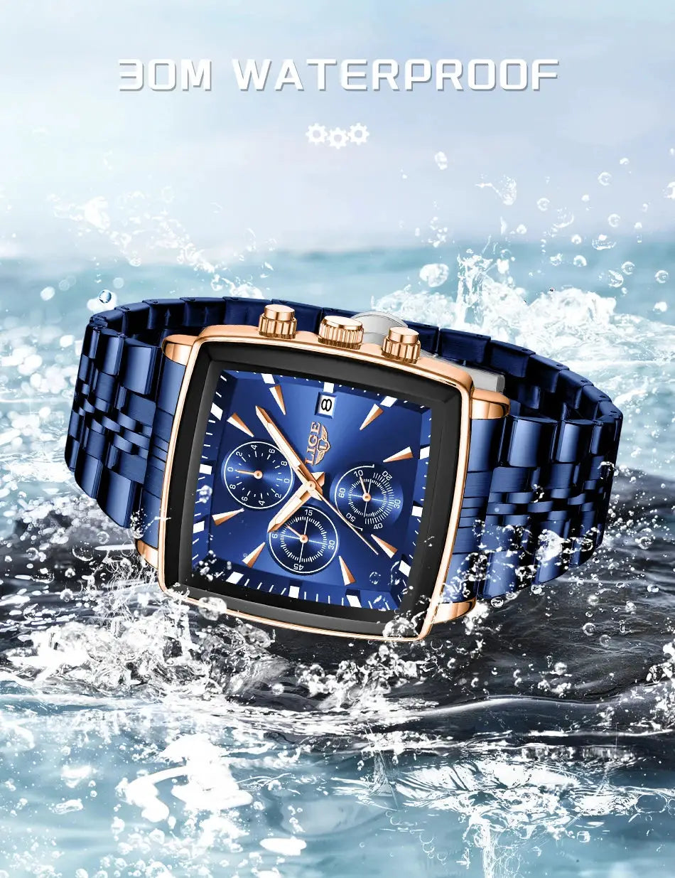 LIGE men's square blue watch, stainless steel bracelet with rose gold bezel, waterproof quartz