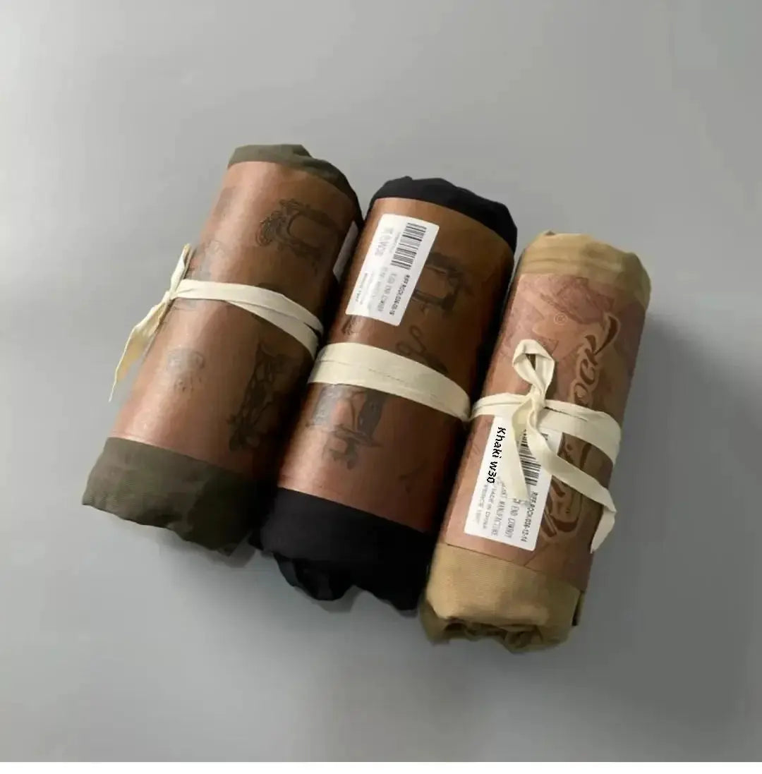 Simples Market American Style pure cotton cargo pants, three rolled bundles in olive, black and khaki.