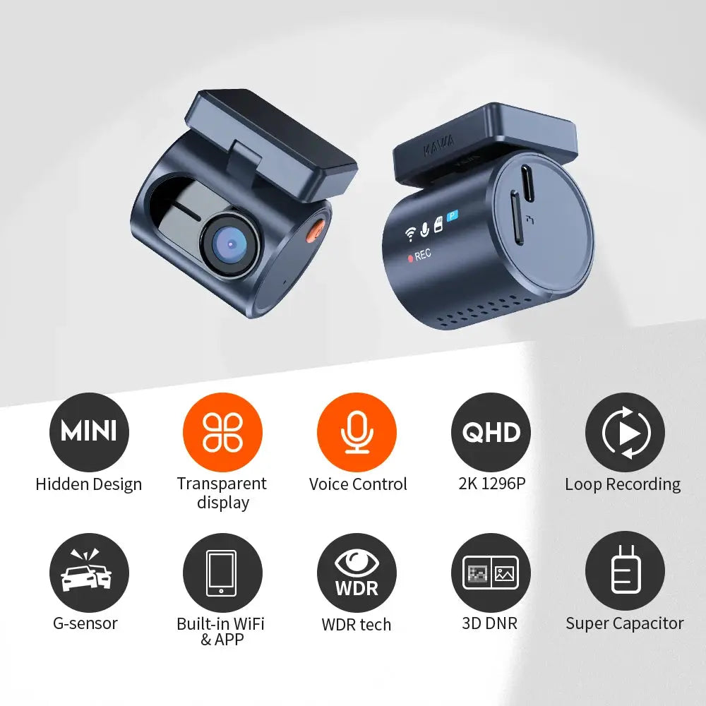 Two blue KAWA MINI 3 Pro car dash cams with built-in WiFi and app control