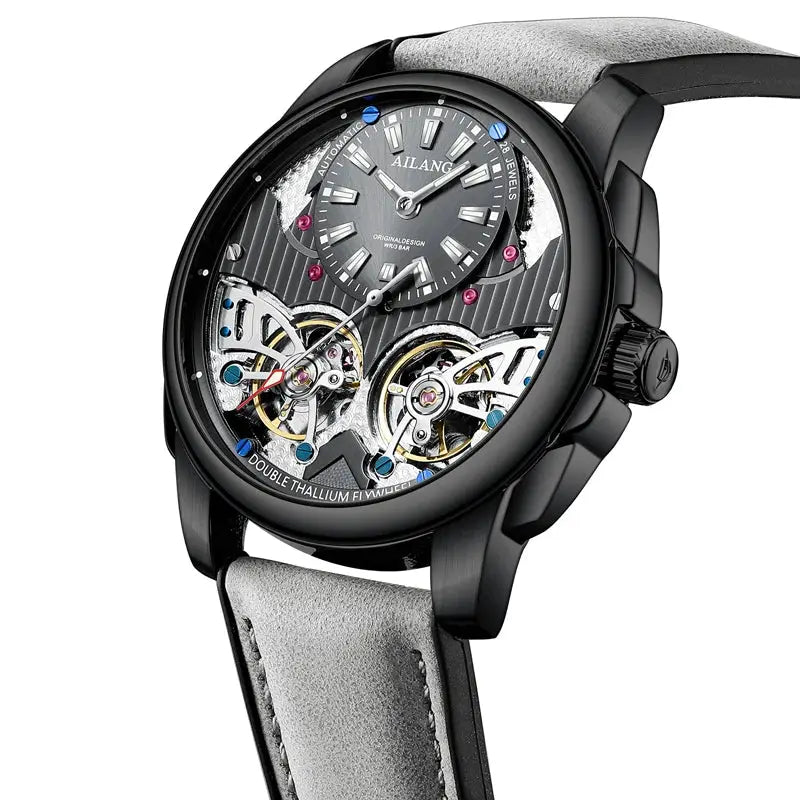 AILANG automatic mechanical wristwatch with double tourbillon, black case, gray leather strap.