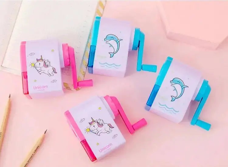 Mechanical pencil sharpeners with unicorn and dolphin designs, pink and blue plastic, Simples Market, 1–2 pcs