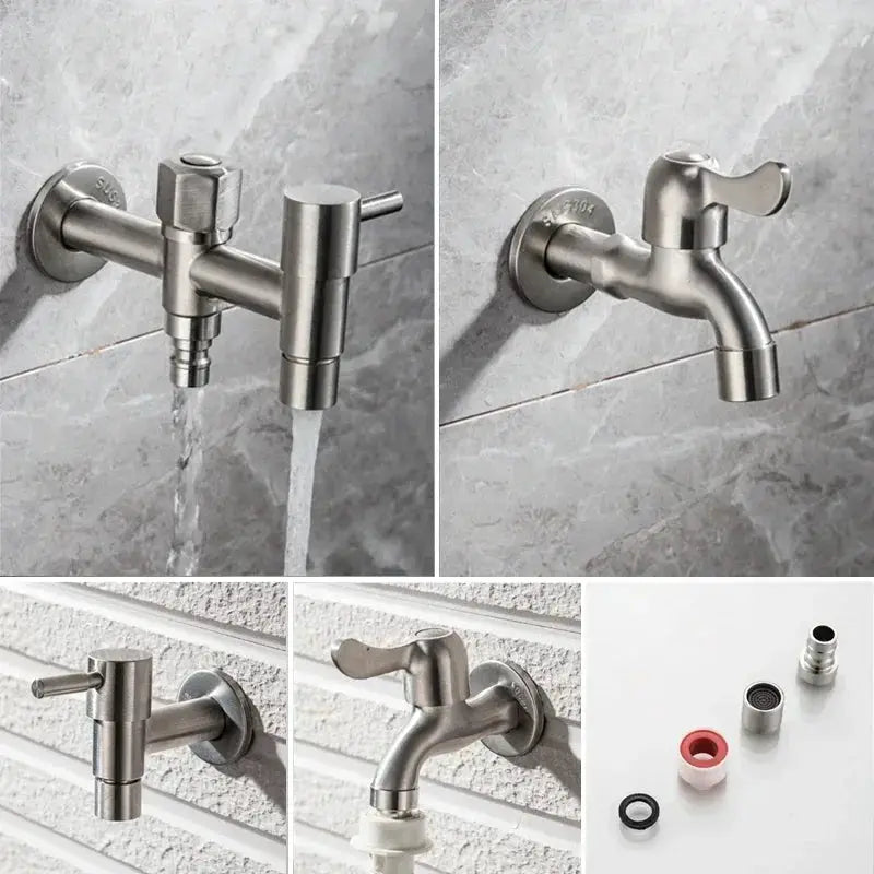 Simples Market brushed stainless steel wall-mounted garden faucet with long spout and hose adapter set