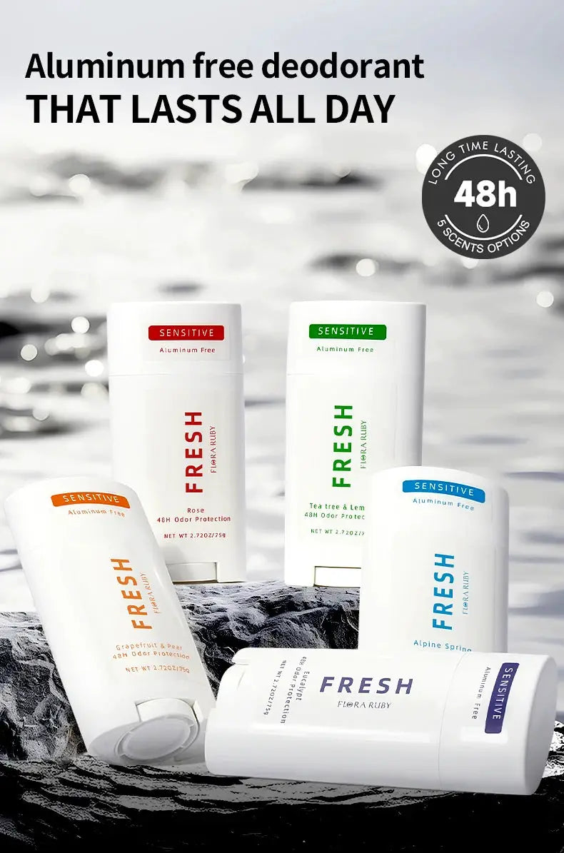 Aluminum-free deodorant sticks, 5-pack with Fresh variants in orange, green, blue, purple accents on rocks