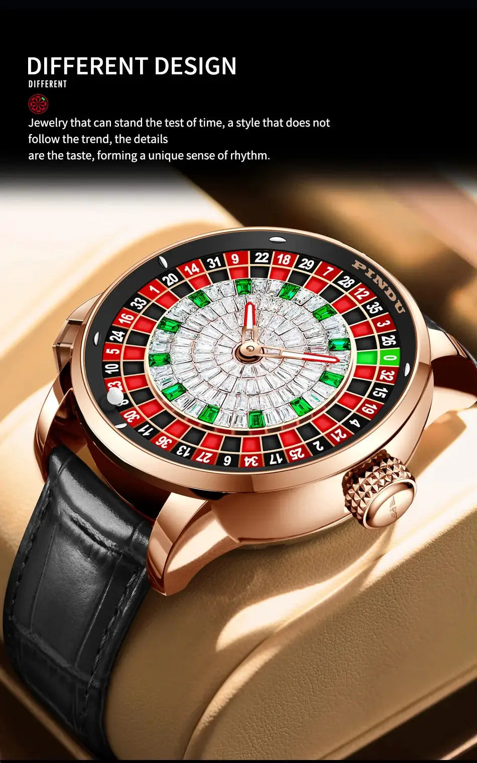 PINDU roulette-style mechanical wristwatch; rose gold case, diamond dial, black leather strap
