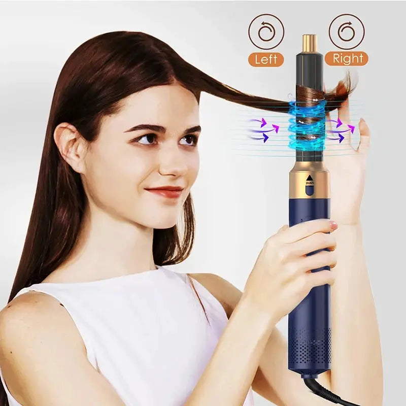 Simples Market 5-in-1 hair styler with ionic dryer and hot comb brush, blue and gold.
