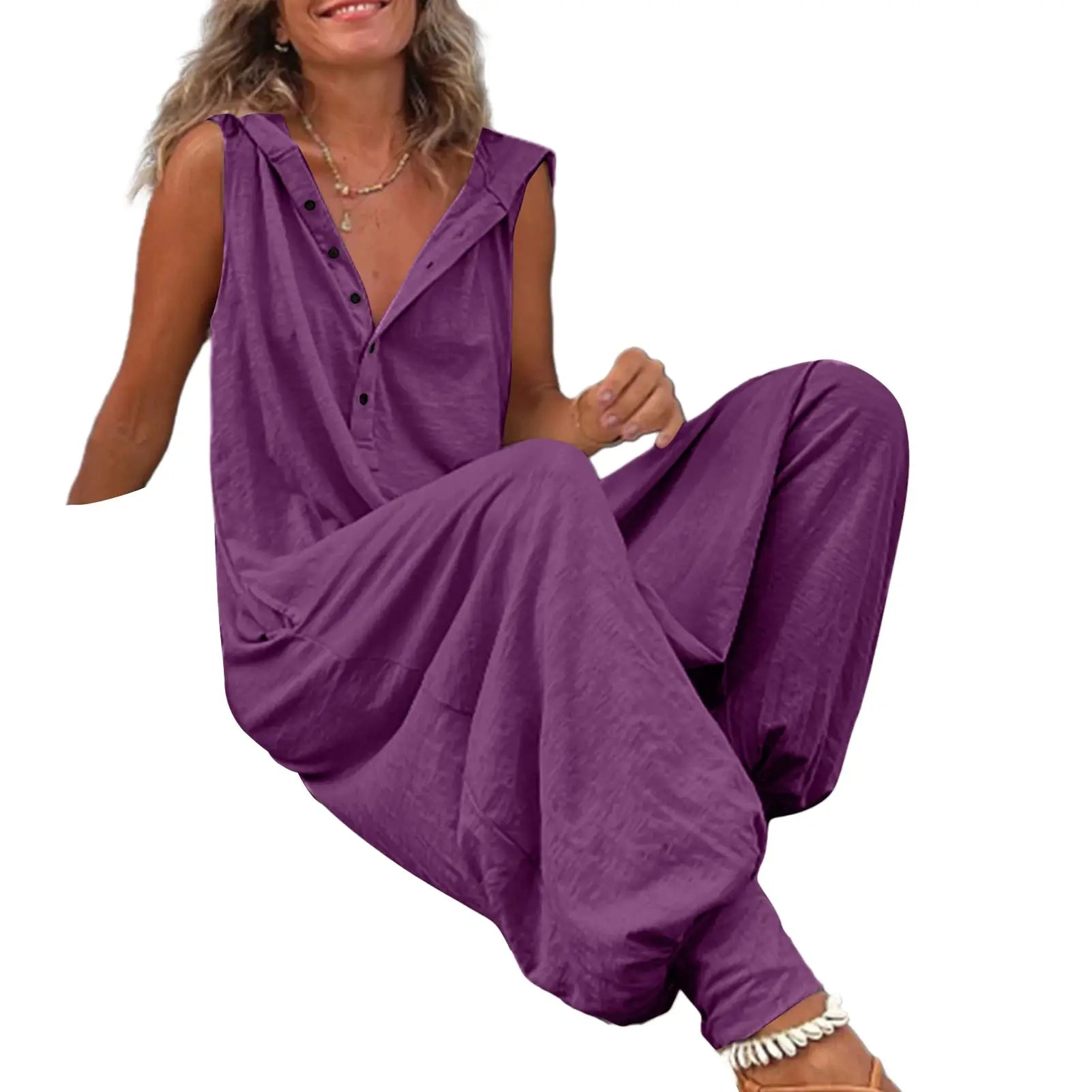 Cotton overalls for women by Simples Market in purple, casual bohemian style.