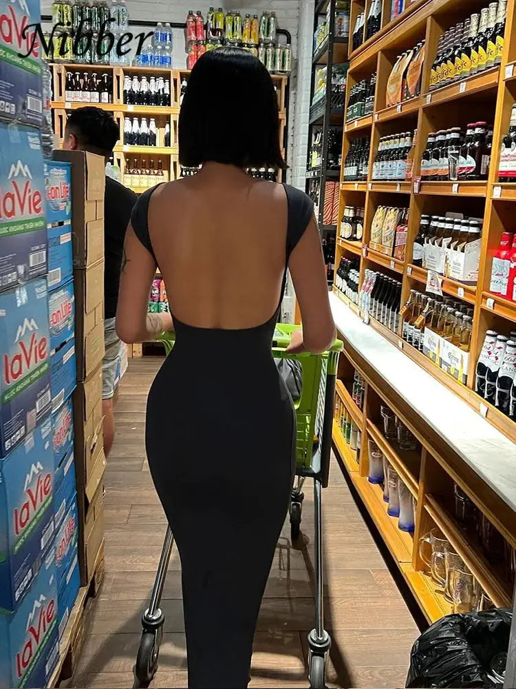 Nibber Solid Backless Maxi Dress For Women Elastic Slim Fit Sleeveless Elegant Streetwear For Spring And Summer