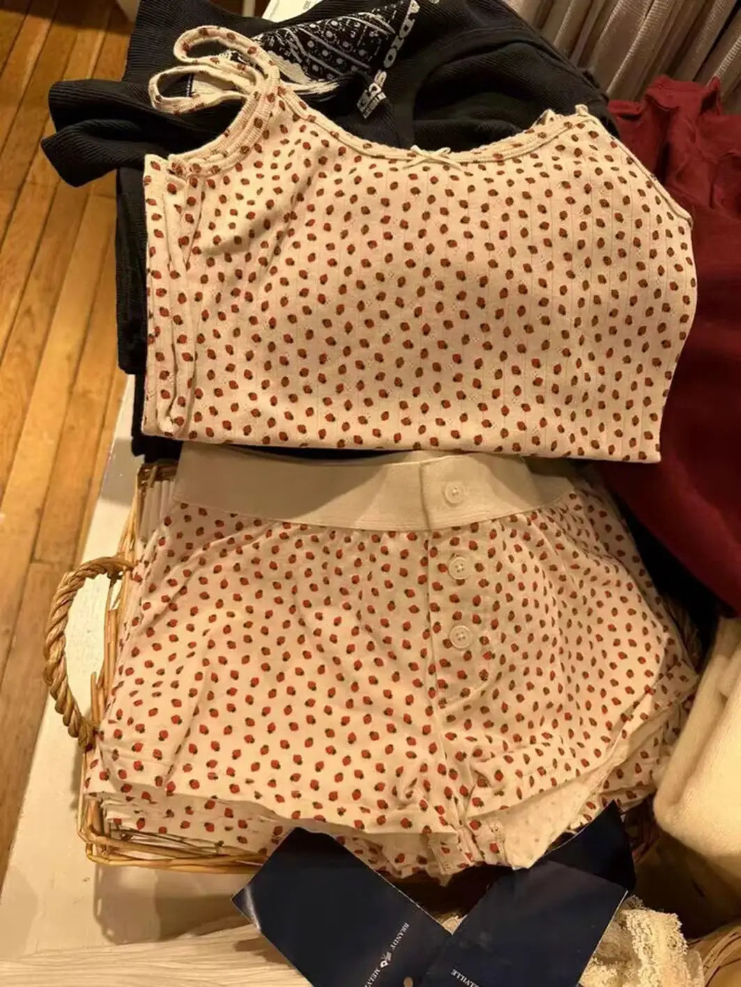 Strawberry Print Vest And Shorts Set For Women Eyelet Bow Tank Top