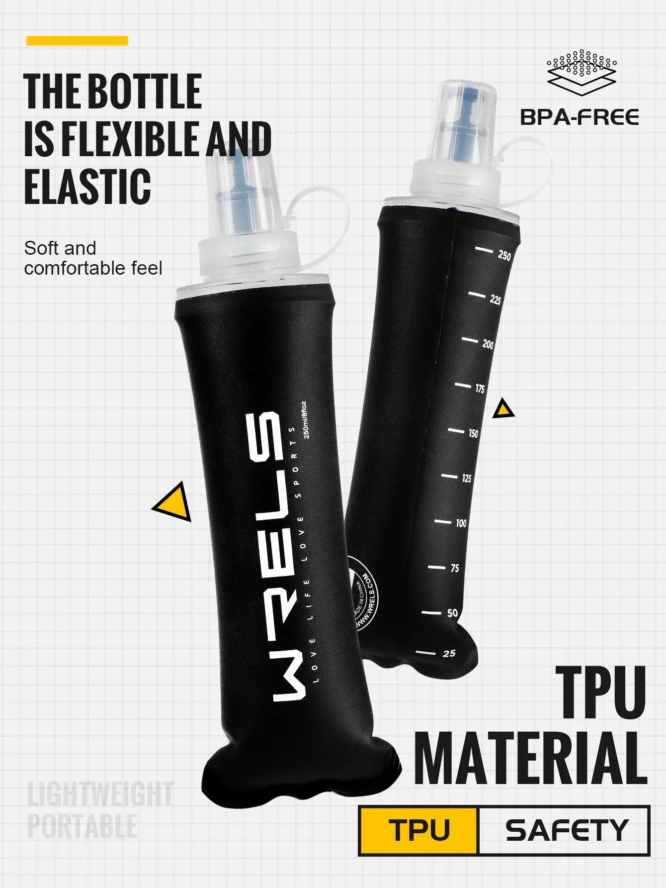 WRELS soft flask hydration bottles, black TPU collapsible BPA-free two-pack for running