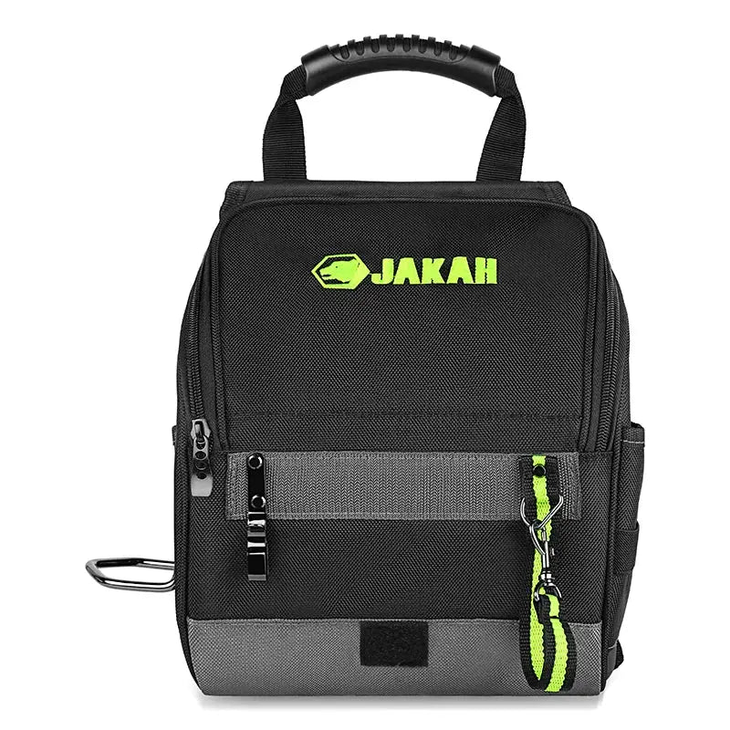 JAKAH professional electricians tool pouch, black with neon green logo and padded shoulder strap.