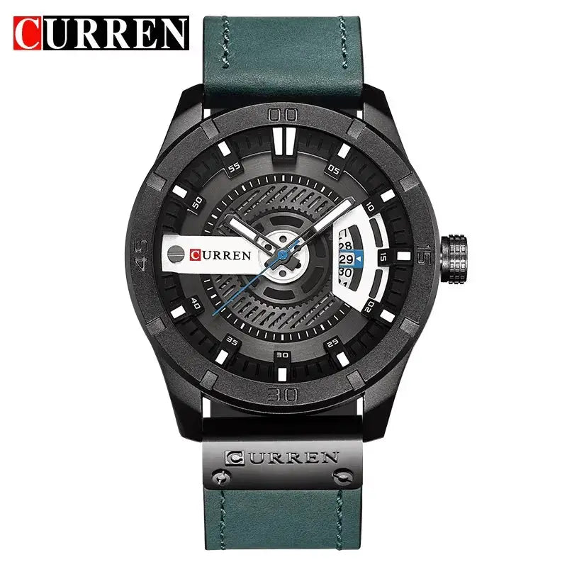 Curren men's luxury sports watch with black skeleton dial, teal leather strap and date window
