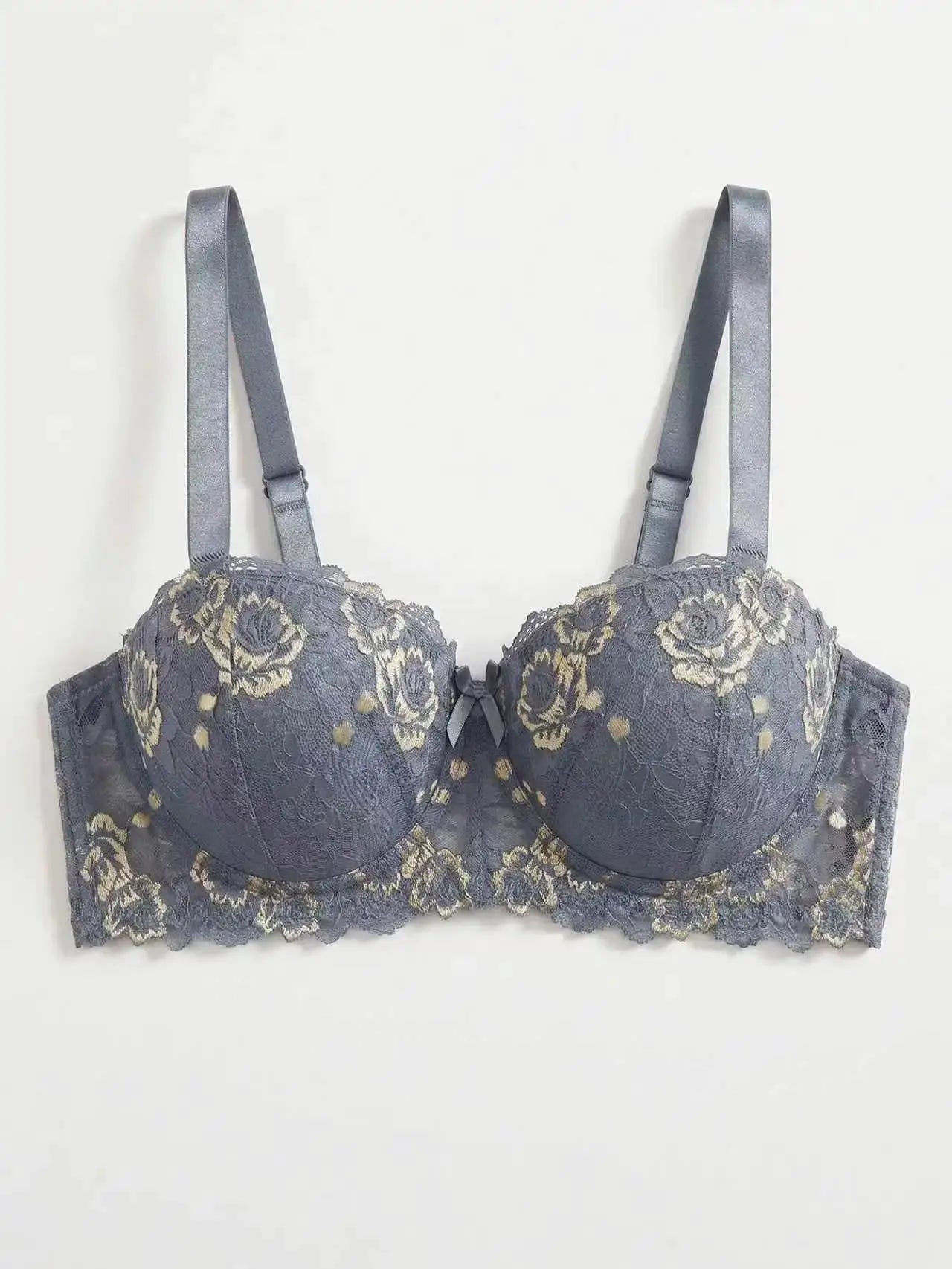 Grey-blue lace push-up bra with beige embroidery, wide adjustable straps and center bow; underwire lingerie.