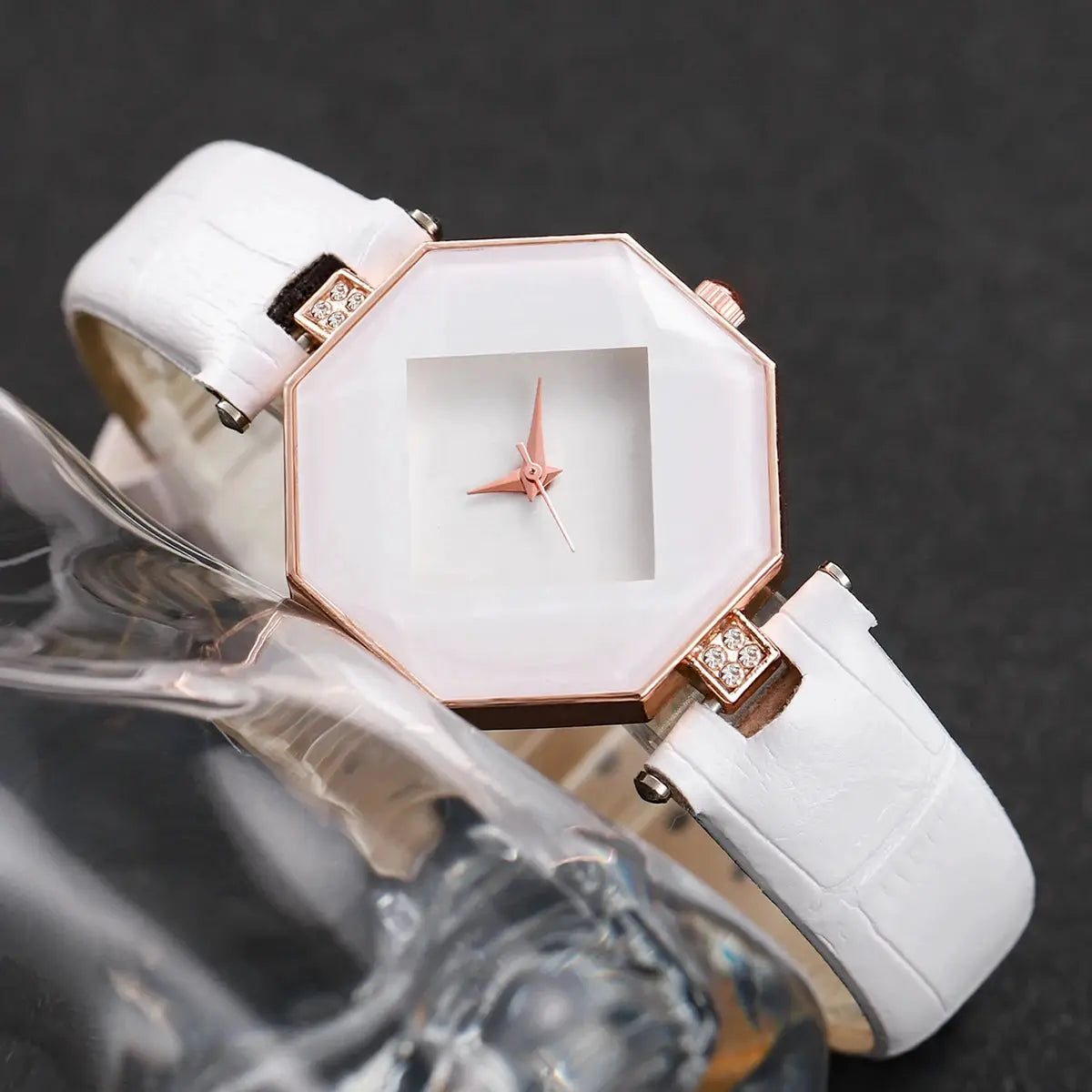 2-piece fashion women's watches set with white leather bands, rose-gold octagonal cases, pearl accents and crystals