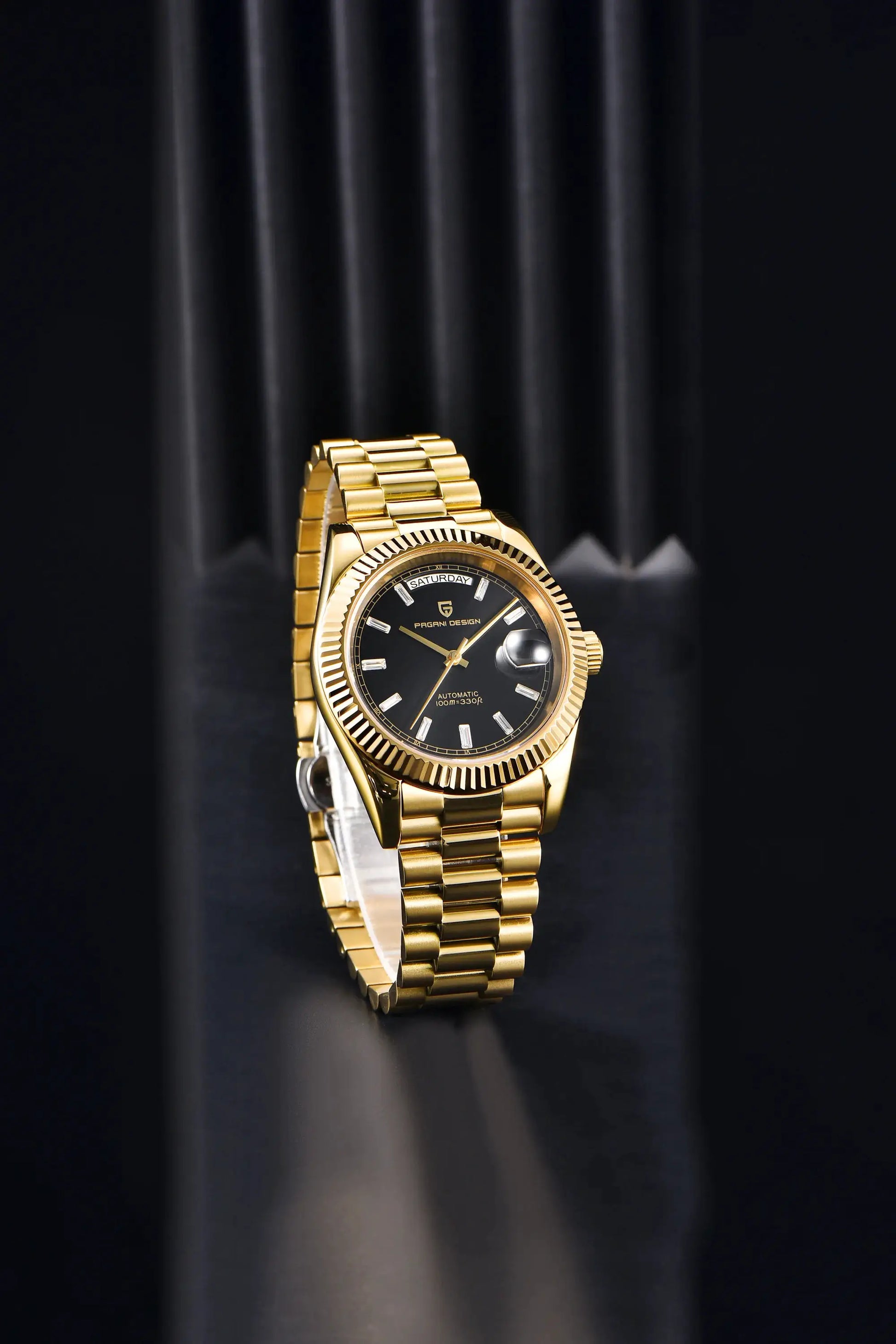 Pagani Design men's rose-gold DD40 automatic watch with black dial and stainless steel bracelet