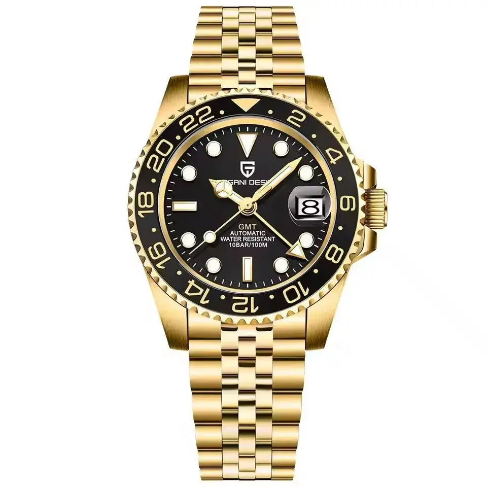 Pagani Design V3 GMT men's gold-tone stainless steel watch with black dial, 40mm, automatic, date window