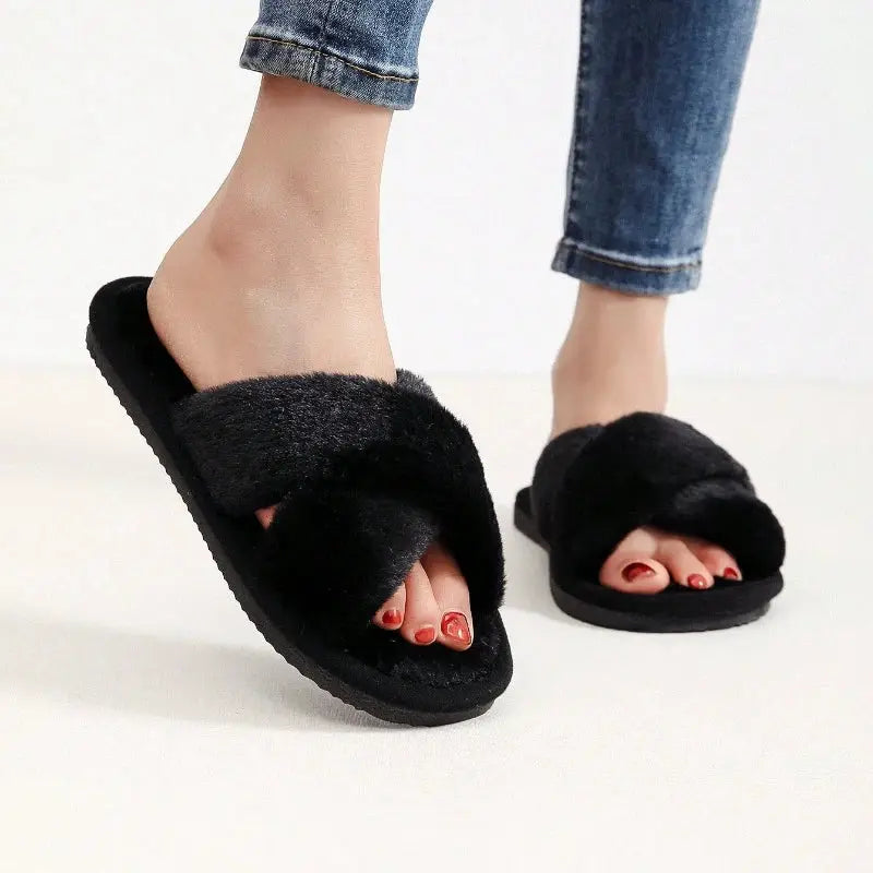 Autumn Fashion Cross Strap Faux Fur Slippers For Women Indoor Light Warm Plush Home Shoes Flat Heel