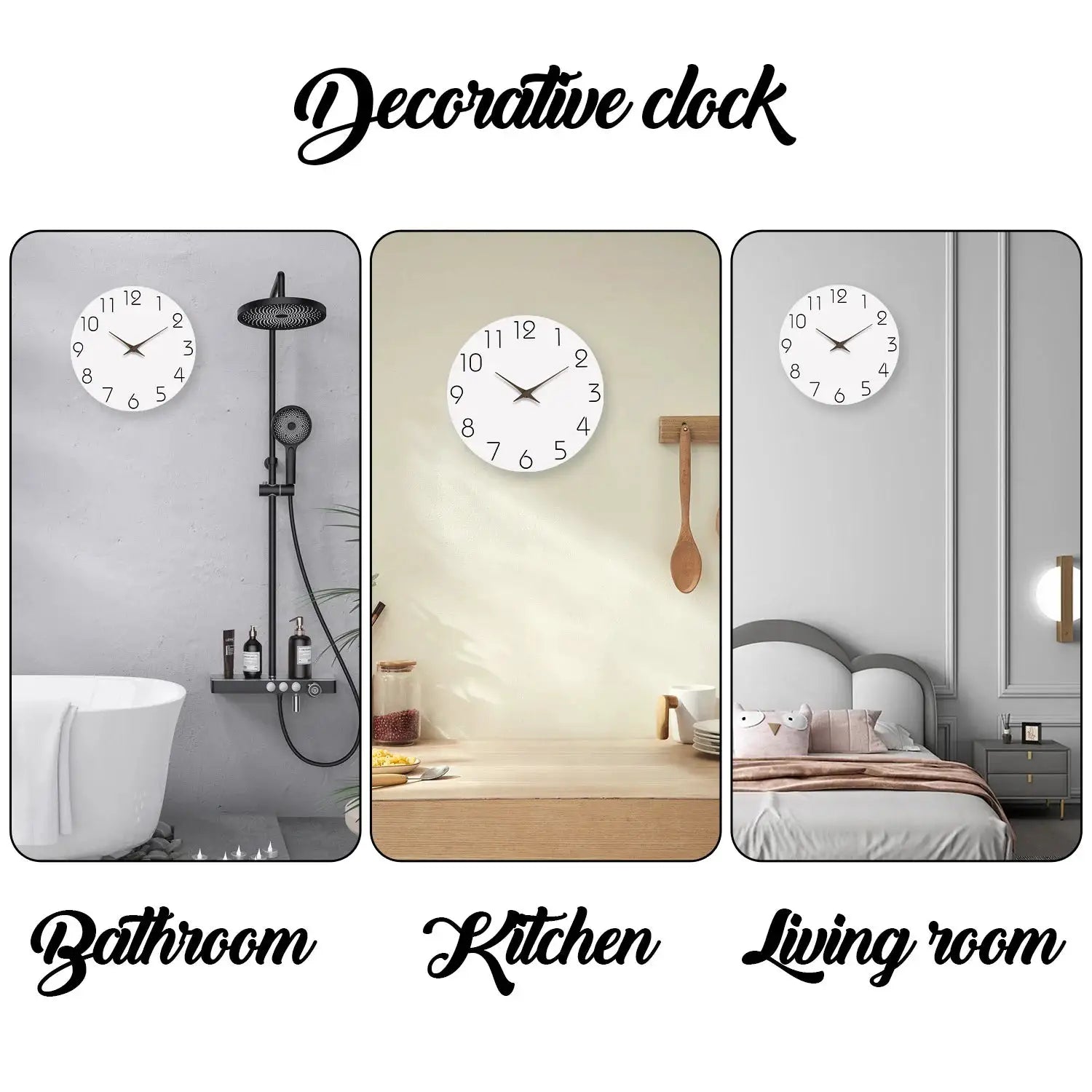 Wall clock by Simples Market: white wooden design, silent quartz, 10–16 inch sizes; shown in bathroom, kitchen, and living room.