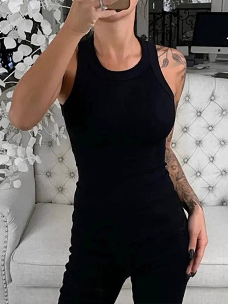 Women Solid Ribbed Round Neck Tank Top Camisole Elastic Summer Basic Polyester Elastane