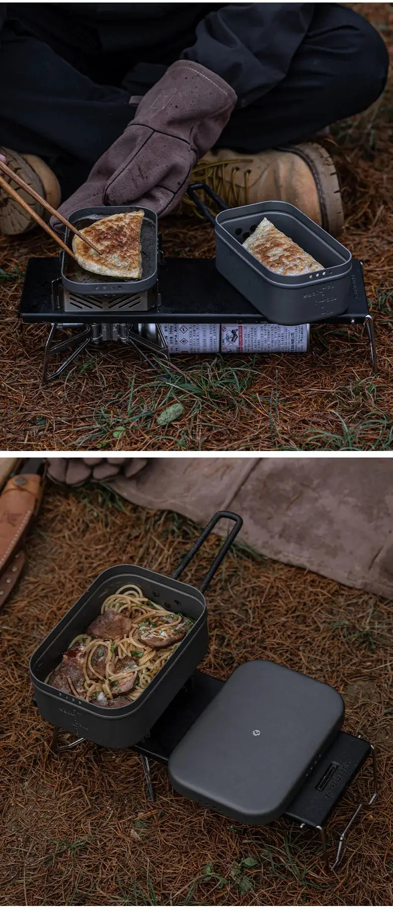 Aluminum oxide portable lunch boxes for outdoor meals on open-flame camping stove with two pans