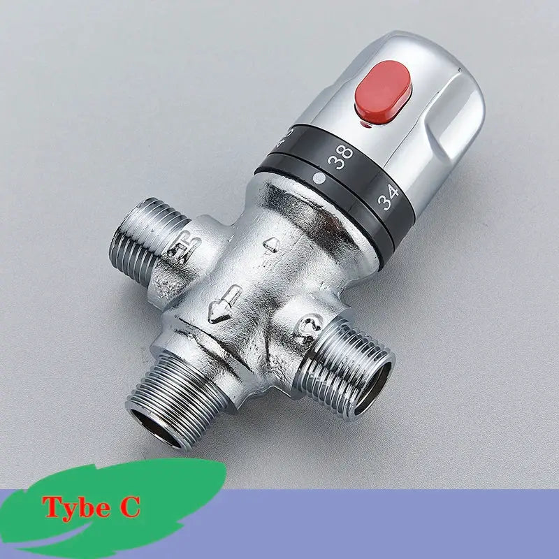 Brass thermostatic mixing valve by Simples Market, chrome finish with red adjustment knob