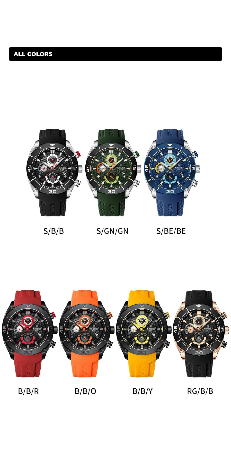 Naviforce men's sport watches in seven colorways with chronograph subdials and rubber straps