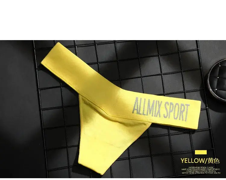 Thong underwear, yellow solid color with a wide elastic waistband printed ALLMIX SPORT.
